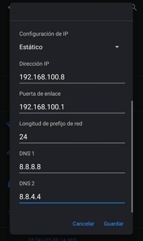 Cómo cambiar dns en Android 3 Pantalla de configuración de red en Android mostrando cómo cambiar el DNS