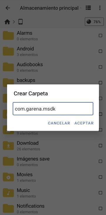 Captura de pantalla que muestra los pasos para crear la carpeta donde se almacena la cuenta de Free Fire