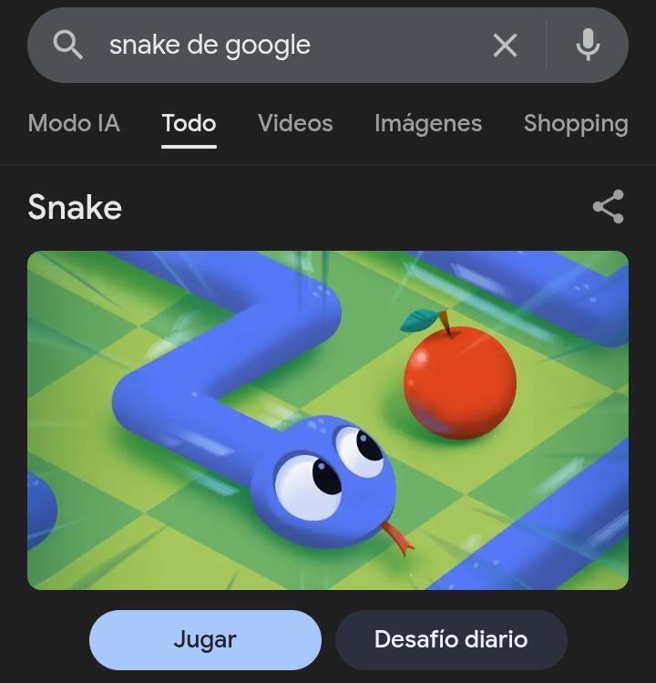Juego Snake de Google donde una serpiente recoge manzanas en el tablero desde el navegador.