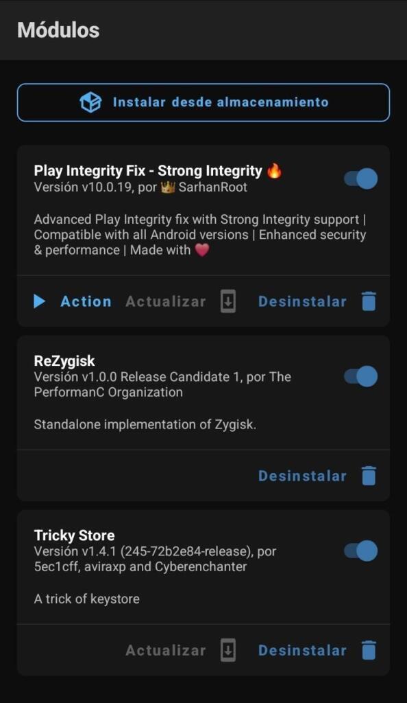 Cómo usar app de banco con root magisk 4 Módulos Magisk instalados para pasar Play Integrity y ocultar root en aplicaciones