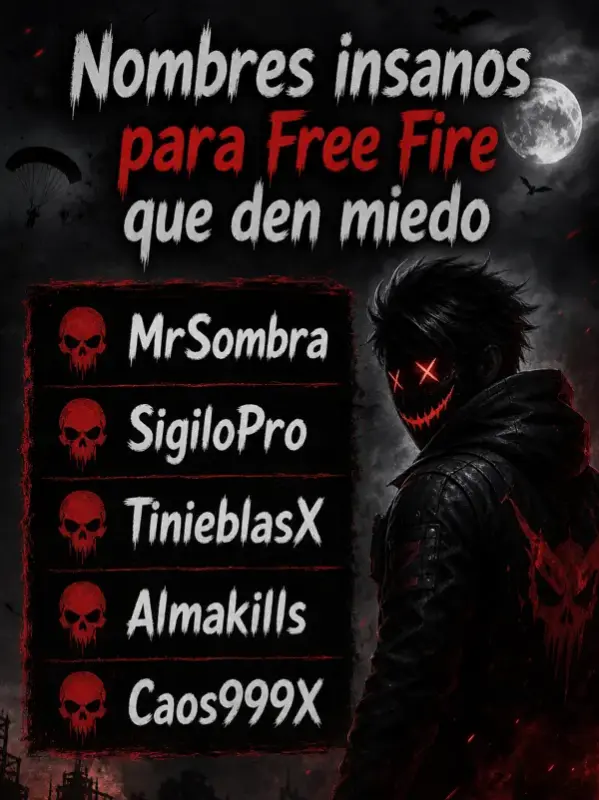 Lista de mejores nombres para Free Fire insanos que dan miedo con un personaje oscuro de estilo gaming y fondo futurista.