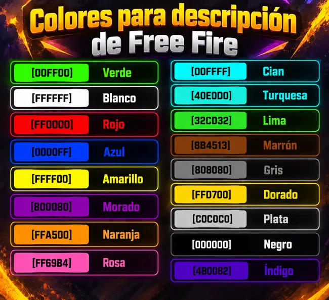 Códigos de colores para Free Fire con letras de colores y nombres de cada color