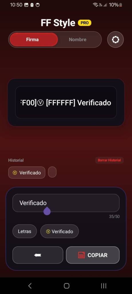 Cómo poner la v de verificado en Free Fire 2 Ejemplo de una firma personalizada con la V de verificado para Free Fire creada con FF Style